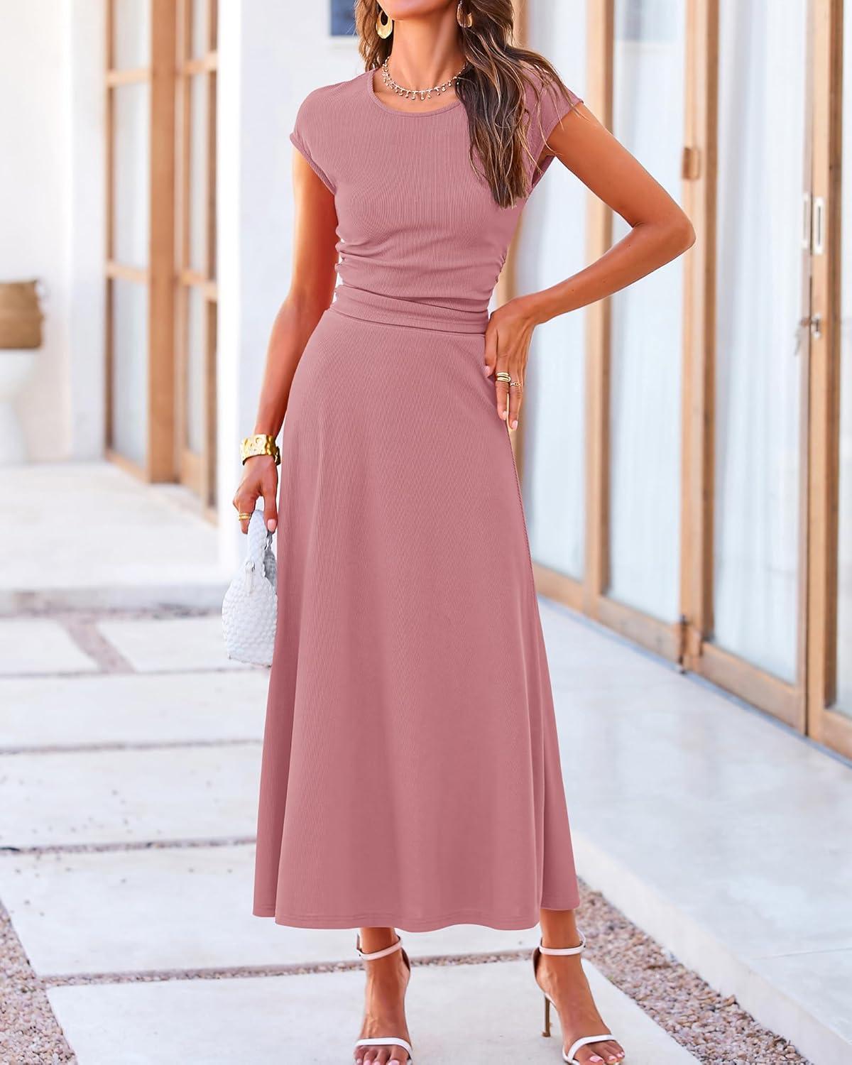 imageBTFBM Summer Outfits For Women 2026 Two Piece Sets Casual Crew Neck Short Sleeve Cropped Spring Tops Midi Skirt Lounge SetDusty Pink