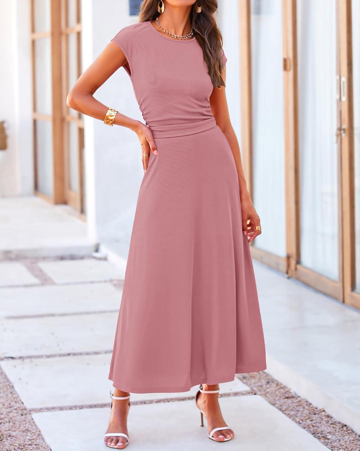 imageBTFBM Summer Outfits For Women 2026 Two Piece Sets Casual Crew Neck Short Sleeve Cropped Spring Tops Midi Skirt Lounge SetDusty Pink