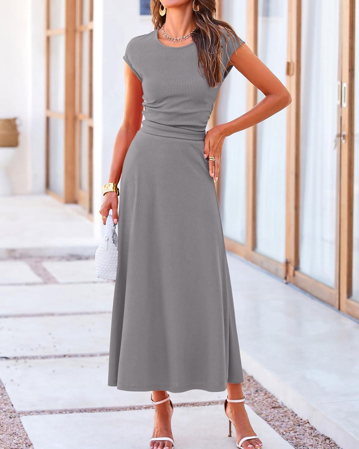 imageBTFBM Summer Outfits For Women 2026 Two Piece Sets Casual Crew Neck Short Sleeve Cropped Spring Tops Midi Skirt Lounge SetGrey