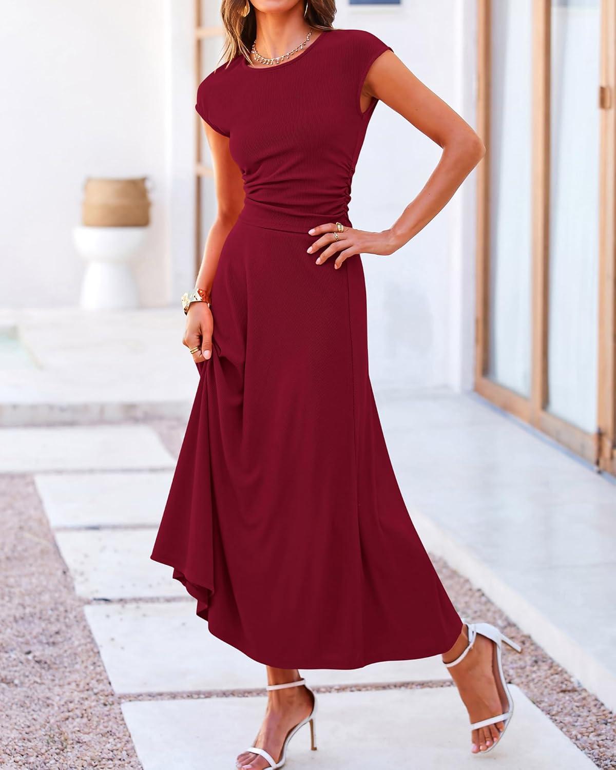 imageBTFBM Summer Outfits For Women 2026 Two Piece Sets Casual Crew Neck Short Sleeve Cropped Spring Tops Midi Skirt Lounge SetWine Red