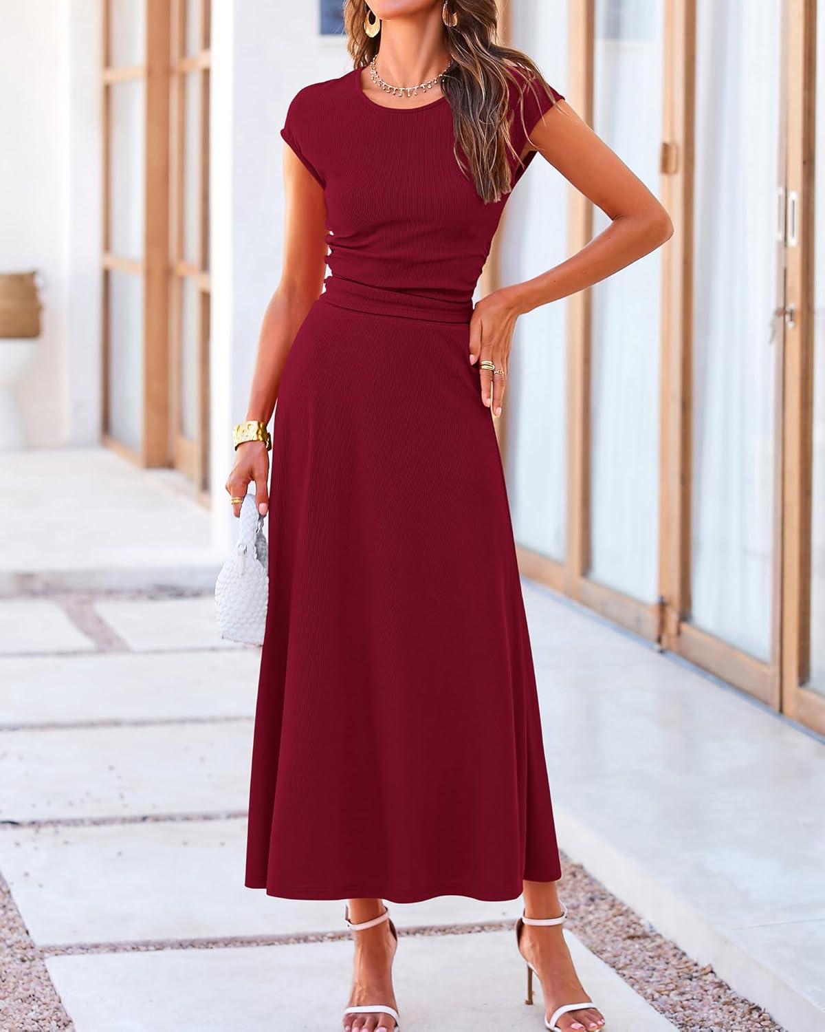 imageBTFBM Summer Outfits For Women 2026 Two Piece Sets Casual Crew Neck Short Sleeve Cropped Spring Tops Midi Skirt Lounge SetWine Red