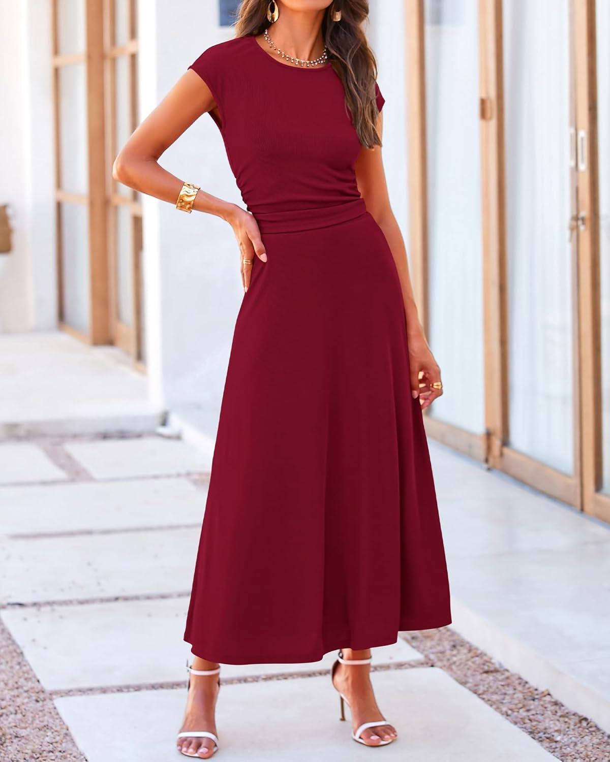imageBTFBM Summer Outfits For Women 2026 Two Piece Sets Casual Crew Neck Short Sleeve Cropped Spring Tops Midi Skirt Lounge SetWine Red