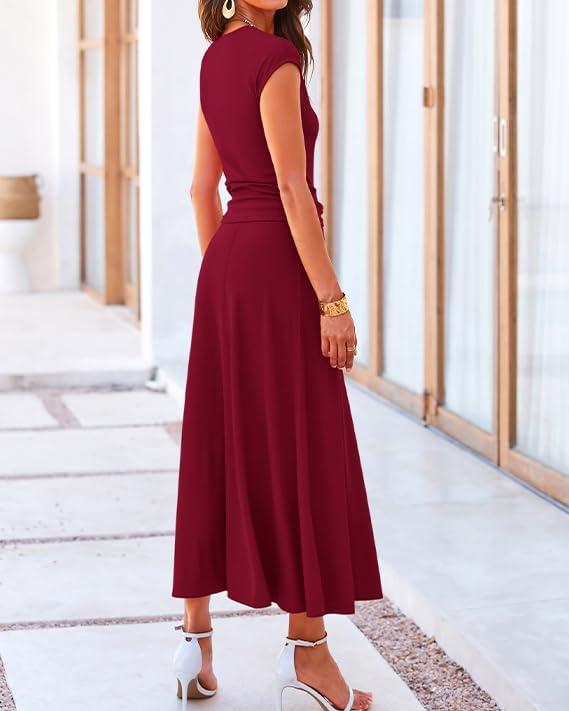 imageBTFBM Summer Outfits For Women 2026 Two Piece Sets Casual Crew Neck Short Sleeve Cropped Spring Tops Midi Skirt Lounge SetWine Red
