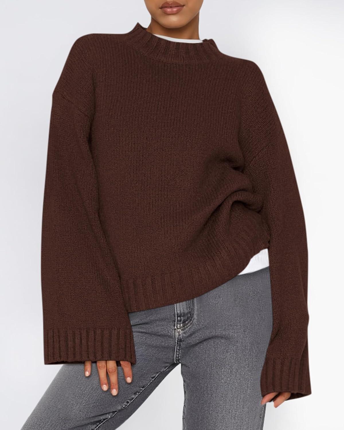 imageBTFBM Sweaters for Women 2025 Casual Crewneck Long Sleeve Loose Ribbed Knit Pullover Sweater Winter Clothes Fall OutfitsBrown