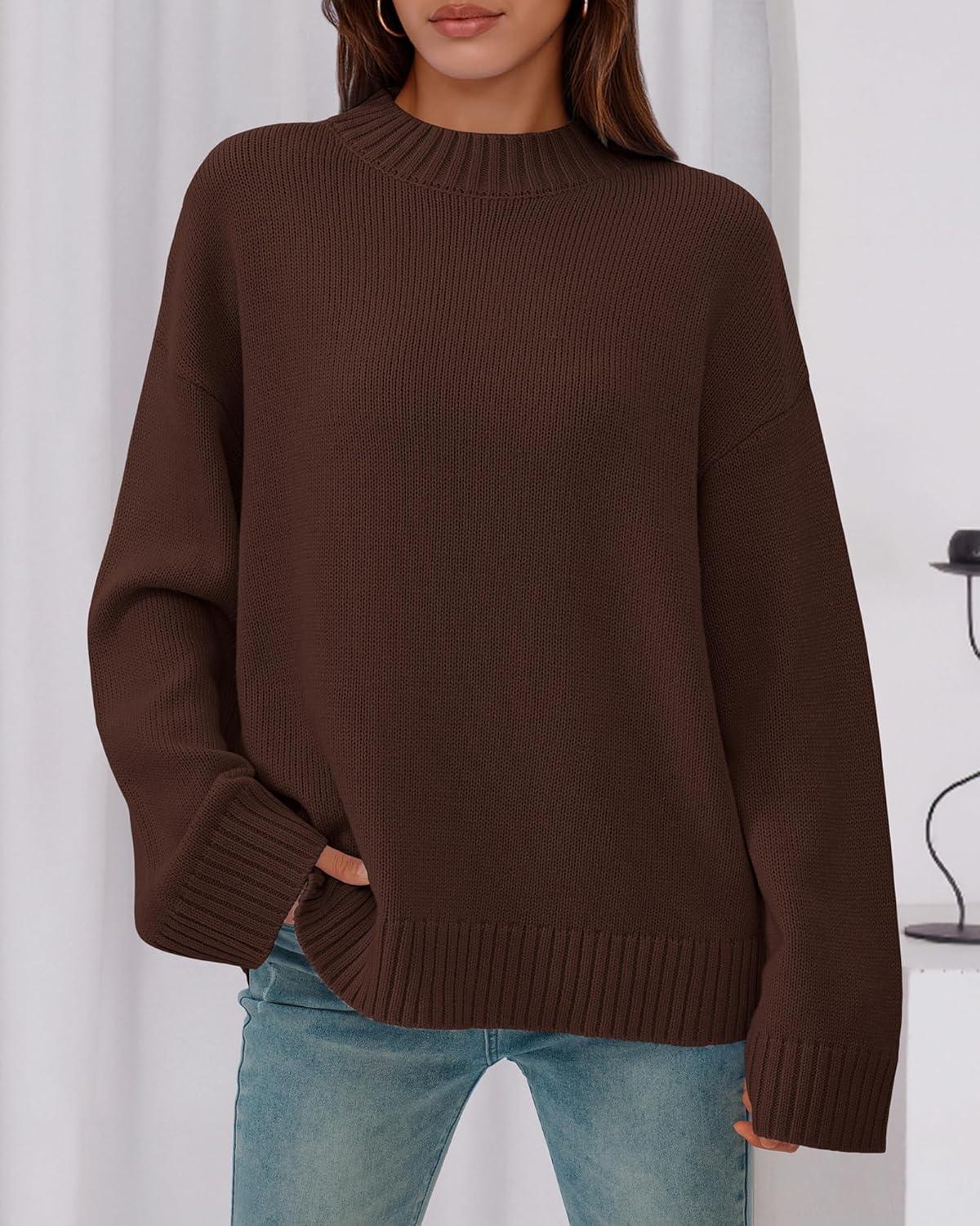 imageBTFBM Sweaters for Women 2025 Casual Crewneck Long Sleeve Loose Ribbed Knit Pullover Sweater Winter Clothes Fall OutfitsBrown