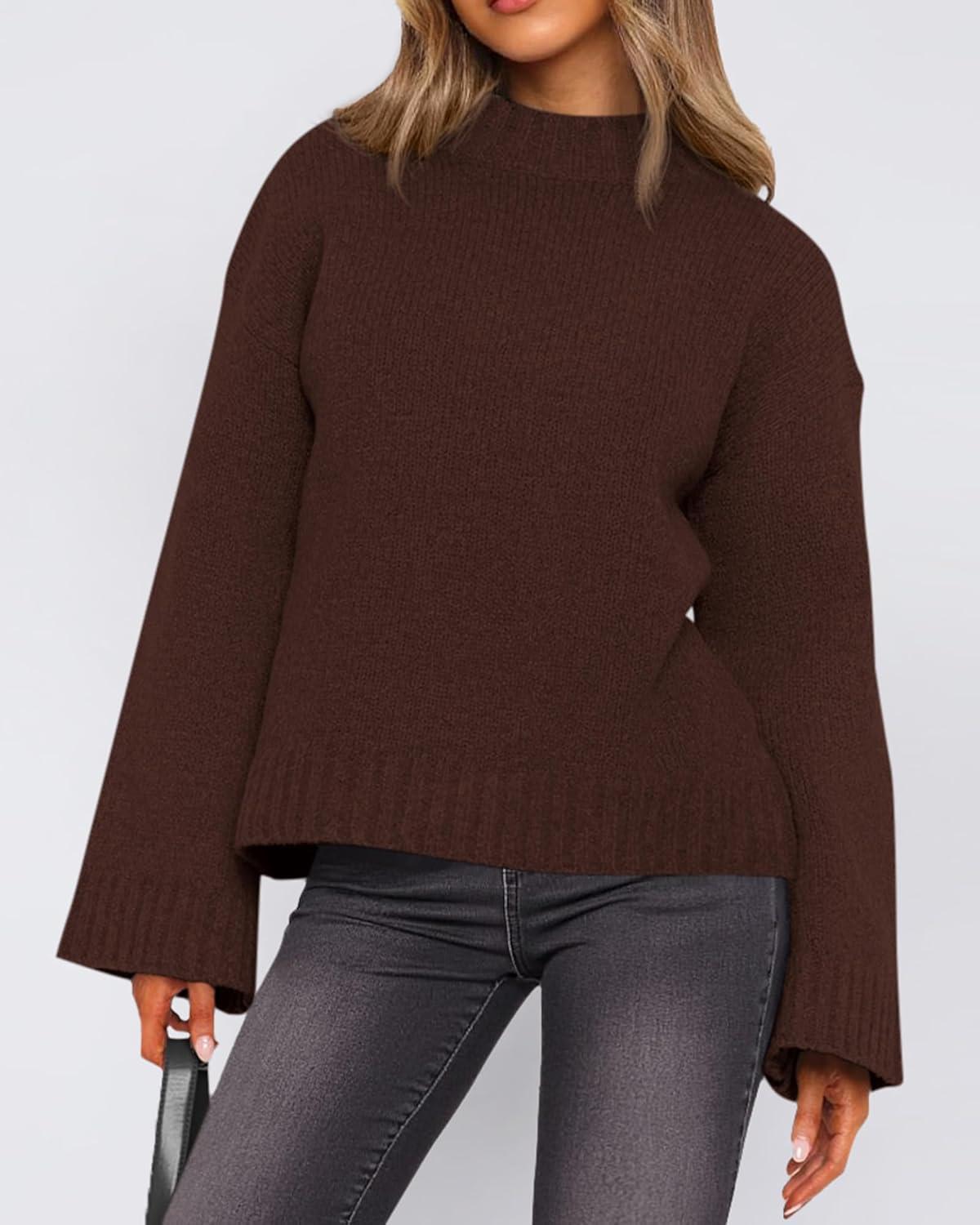 imageBTFBM Sweaters for Women 2025 Casual Crewneck Long Sleeve Loose Ribbed Knit Pullover Sweater Winter Clothes Fall OutfitsBrown