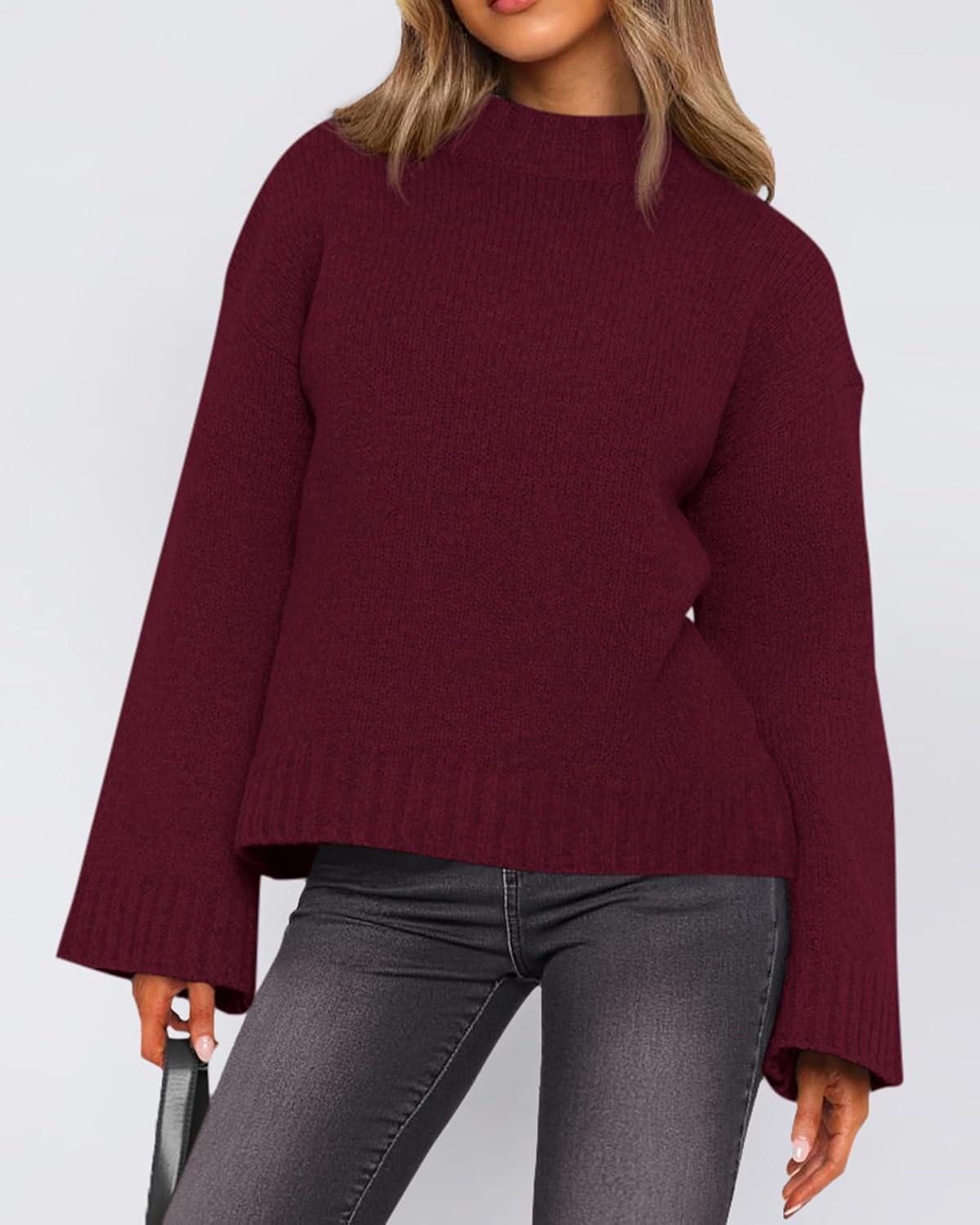 imageBTFBM Sweaters for Women 2025 Casual Crewneck Long Sleeve Loose Ribbed Knit Pullover Sweater Winter Clothes Fall OutfitsBurgundy
