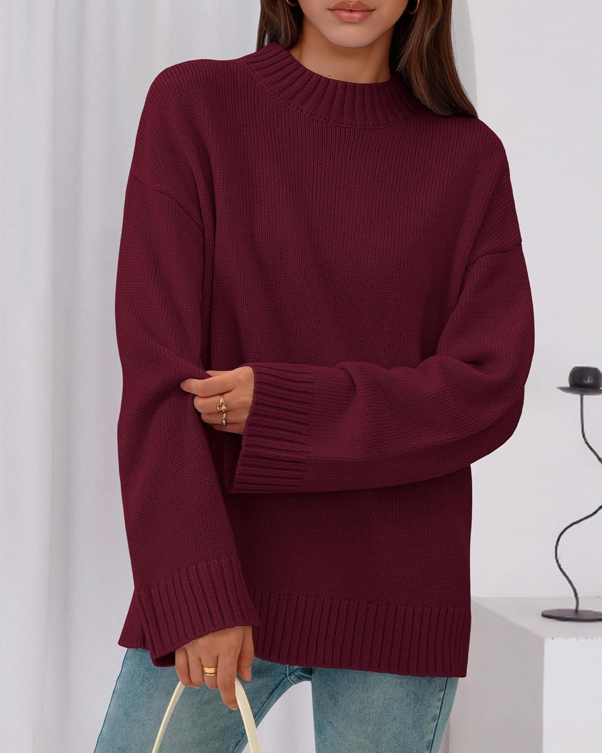 imageBTFBM Sweaters for Women 2025 Casual Crewneck Long Sleeve Loose Ribbed Knit Pullover Sweater Winter Clothes Fall OutfitsBurgundy