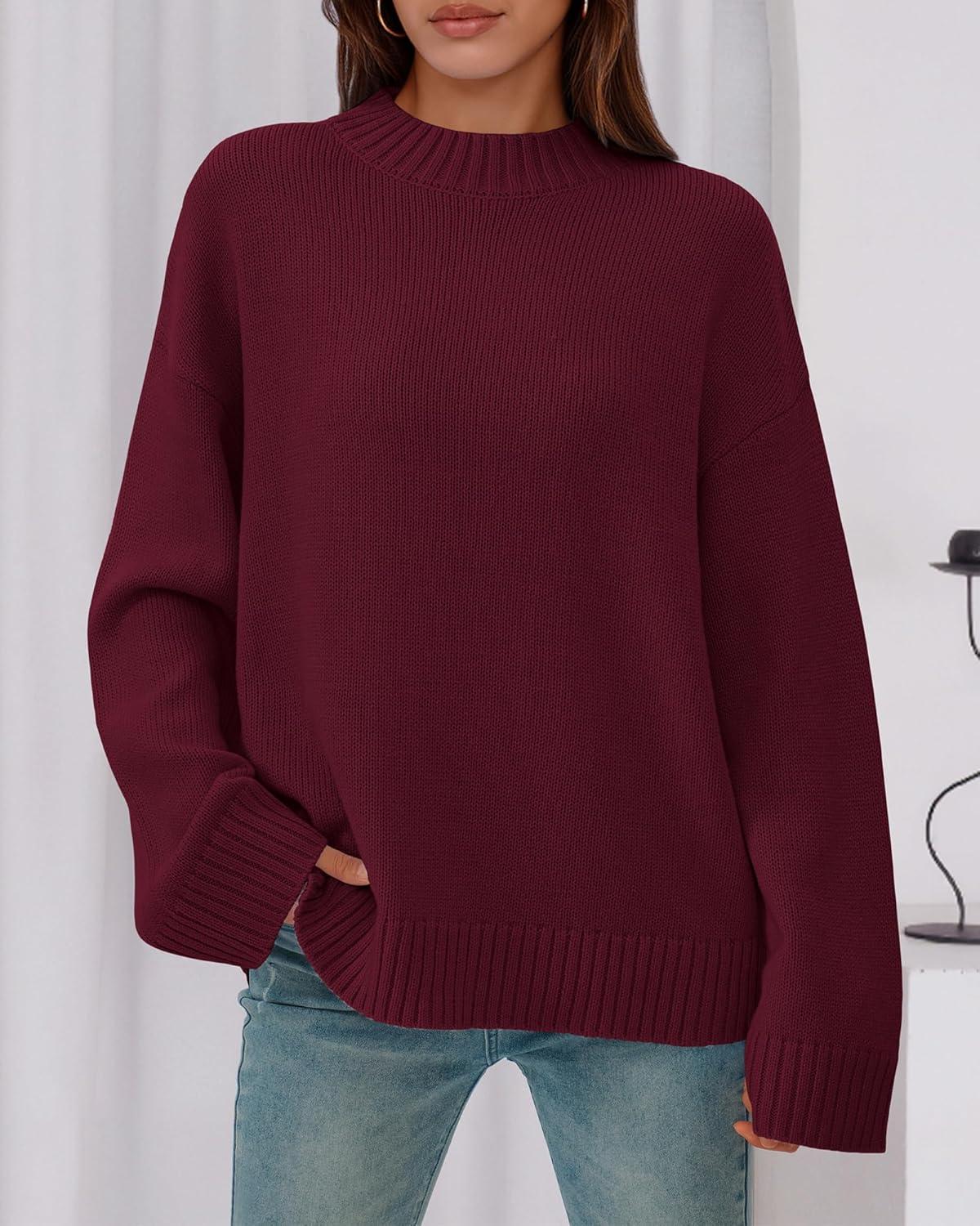 imageBTFBM Sweaters for Women 2025 Casual Crewneck Long Sleeve Loose Ribbed Knit Pullover Sweater Winter Clothes Fall OutfitsBurgundy