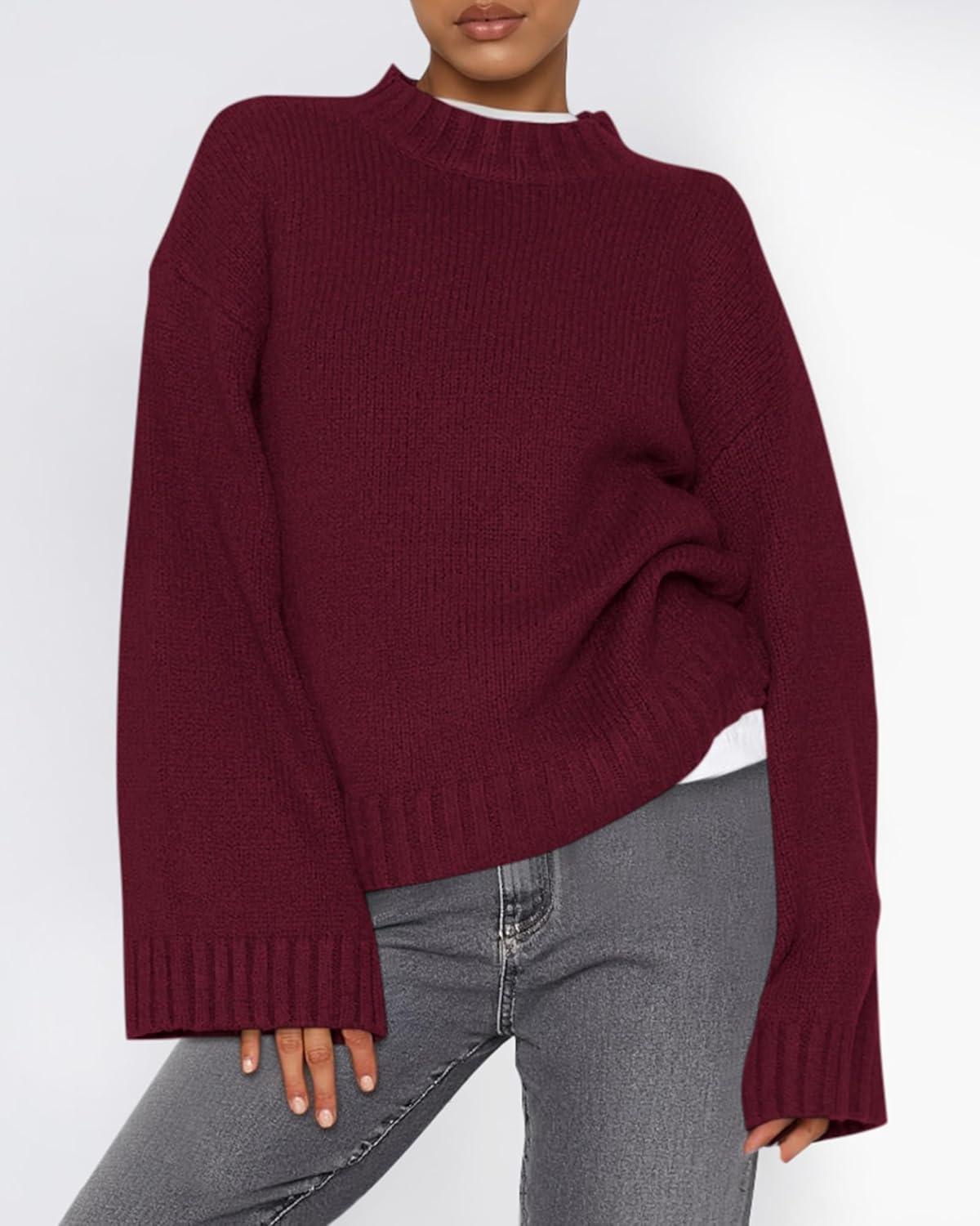 imageBTFBM Sweaters for Women 2025 Casual Crewneck Long Sleeve Loose Ribbed Knit Pullover Sweater Winter Clothes Fall OutfitsBurgundy