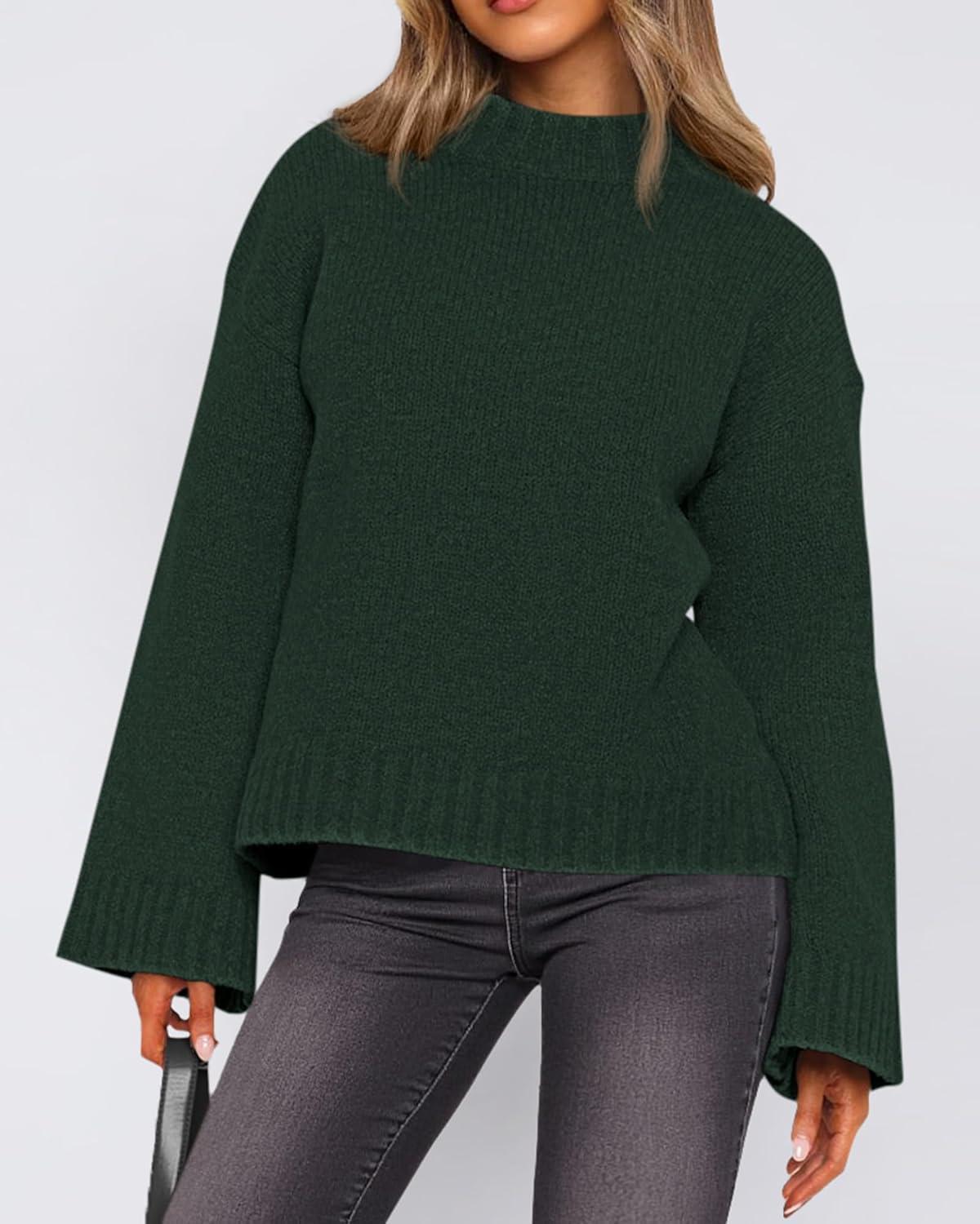 imageBTFBM Sweaters for Women 2025 Casual Crewneck Long Sleeve Loose Ribbed Knit Pullover Sweater Winter Clothes Fall OutfitsDark Green