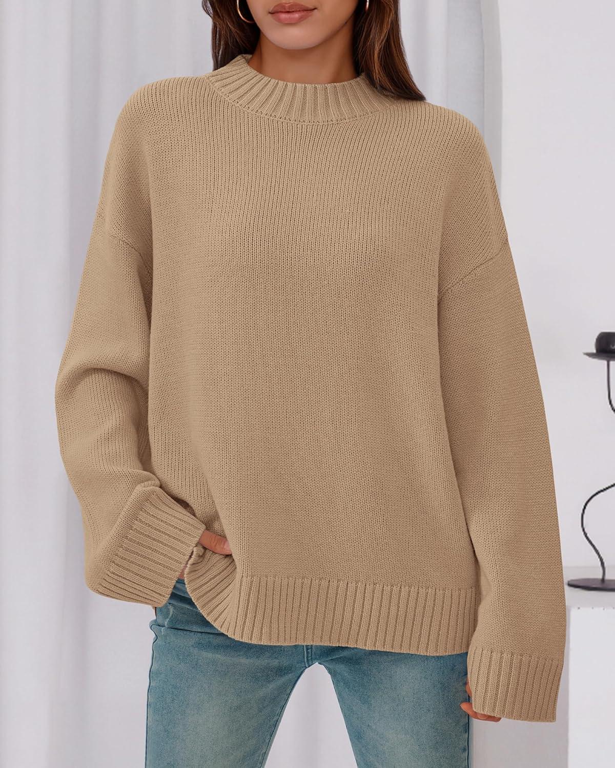 imageBTFBM Sweaters for Women 2025 Casual Crewneck Long Sleeve Loose Ribbed Knit Pullover Sweater Winter Clothes Fall OutfitsKhaki