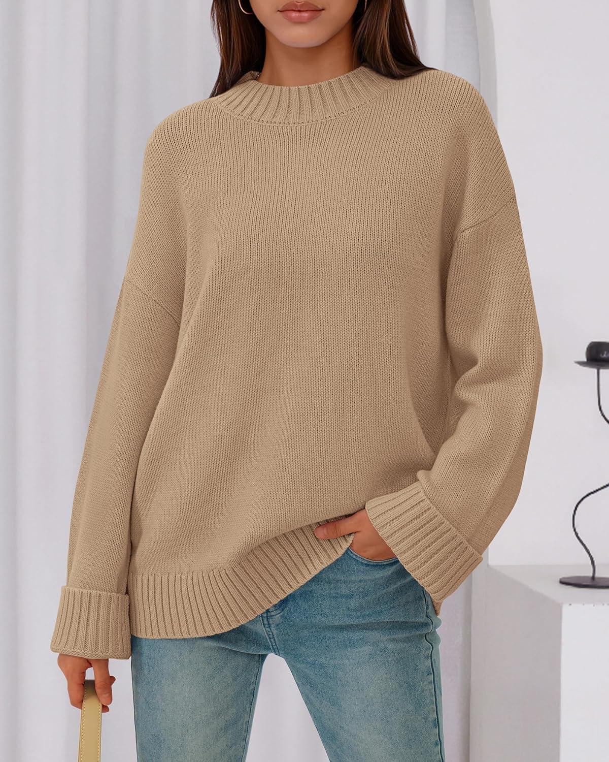 imageBTFBM Sweaters for Women 2025 Casual Crewneck Long Sleeve Loose Ribbed Knit Pullover Sweater Winter Clothes Fall OutfitsKhaki