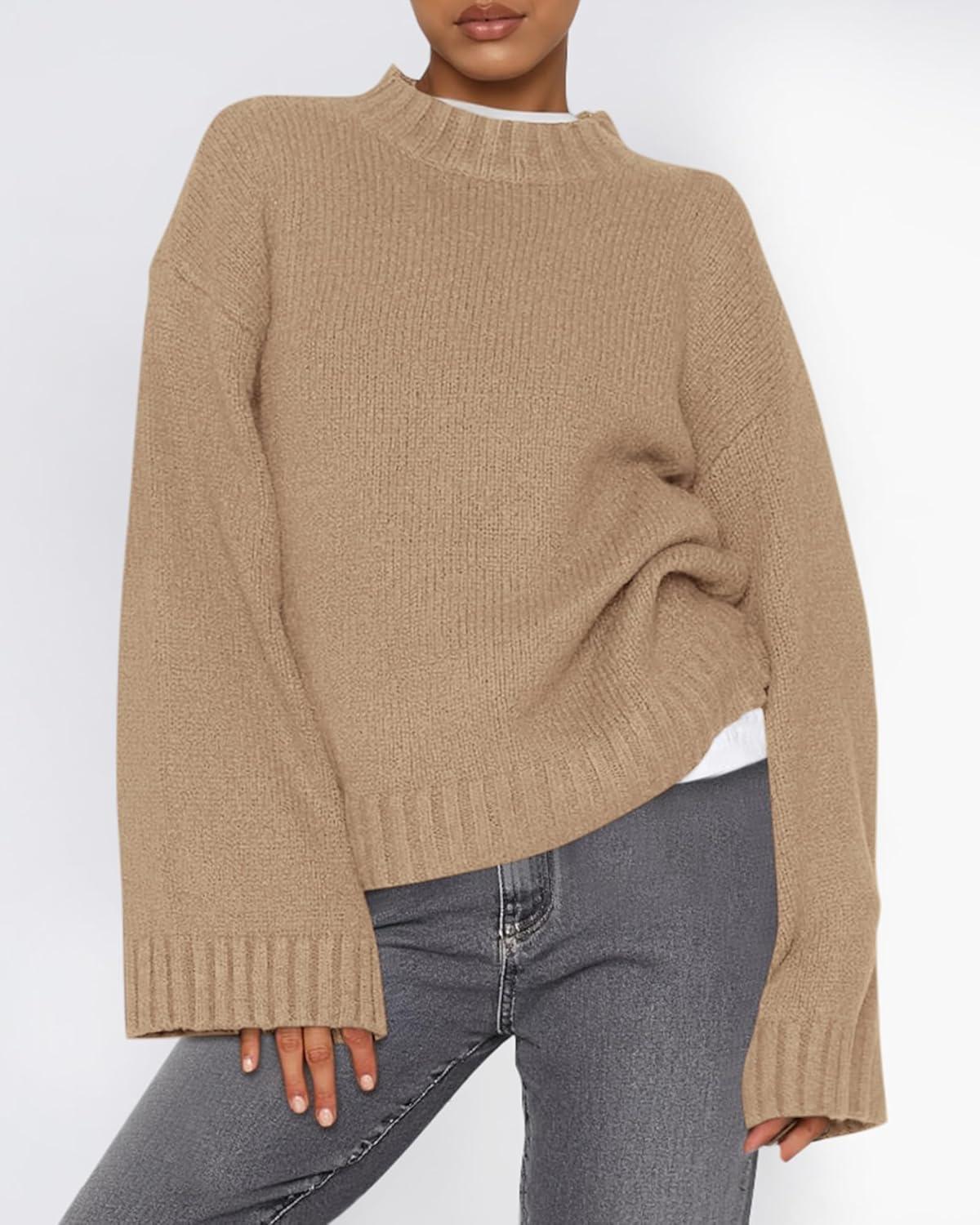 imageBTFBM Sweaters for Women 2025 Casual Crewneck Long Sleeve Loose Ribbed Knit Pullover Sweater Winter Clothes Fall OutfitsKhaki