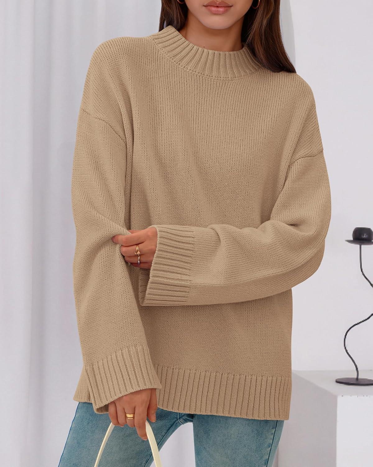 imageBTFBM Sweaters for Women 2025 Casual Crewneck Long Sleeve Loose Ribbed Knit Pullover Sweater Winter Clothes Fall OutfitsKhaki