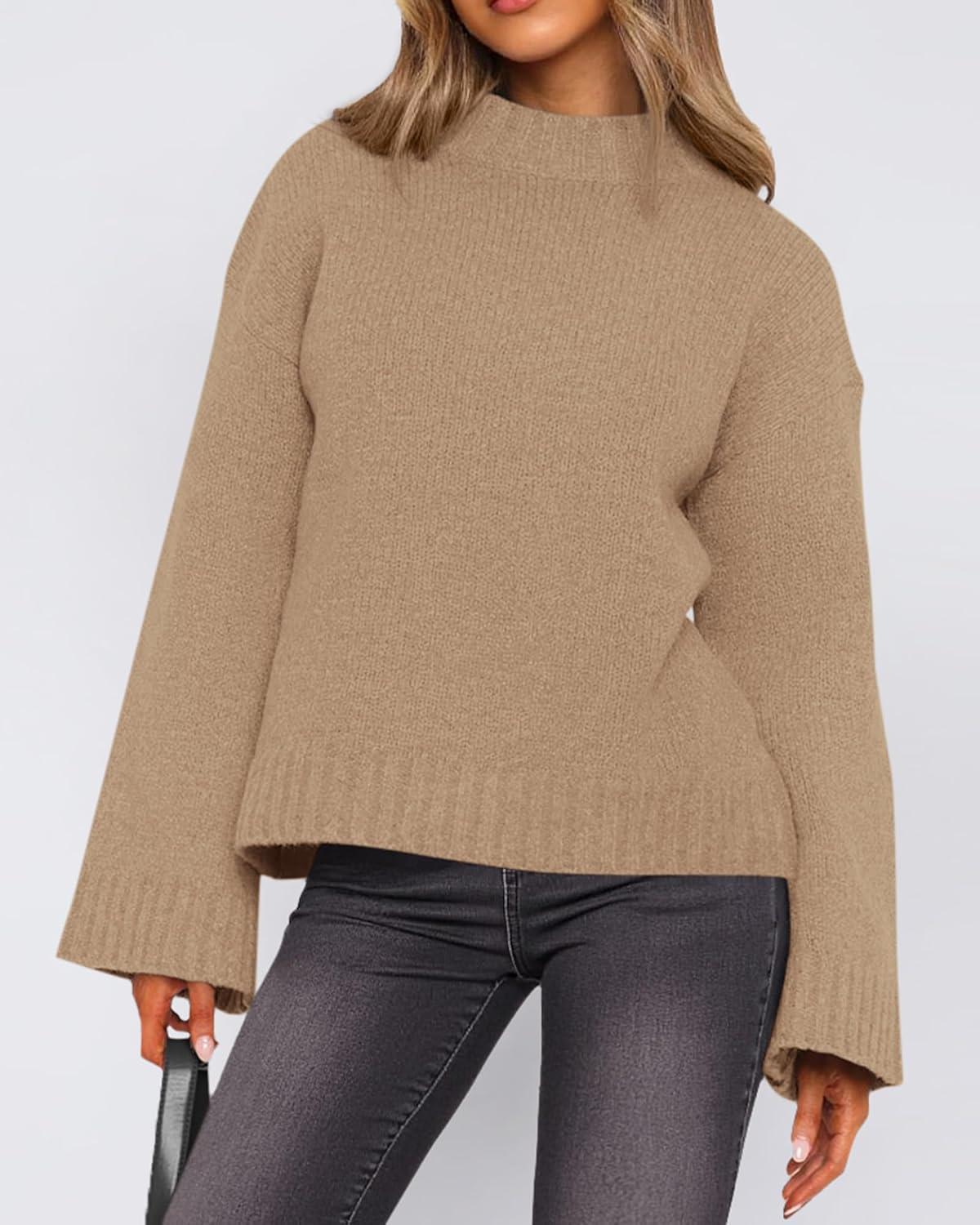 imageBTFBM Sweaters for Women 2025 Casual Crewneck Long Sleeve Loose Ribbed Knit Pullover Sweater Winter Clothes Fall OutfitsKhaki
