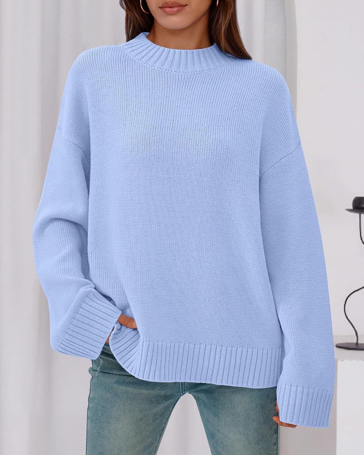 imageBTFBM Sweaters for Women 2025 Casual Crewneck Long Sleeve Loose Ribbed Knit Pullover Sweater Winter Clothes Fall OutfitsLight Blue