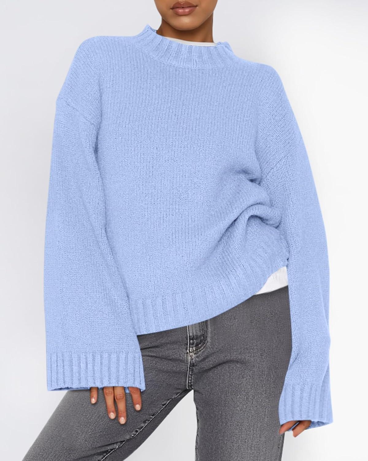 imageBTFBM Sweaters for Women 2025 Casual Crewneck Long Sleeve Loose Ribbed Knit Pullover Sweater Winter Clothes Fall OutfitsLight Blue