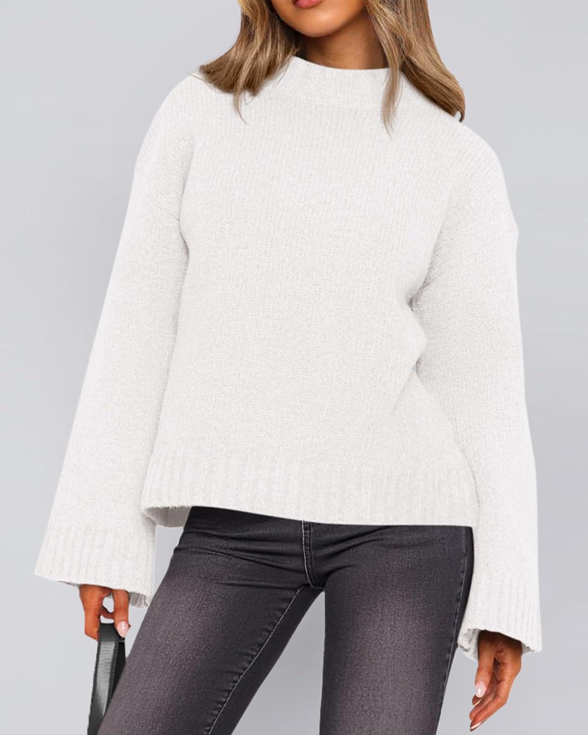 imageBTFBM Sweaters for Women 2025 Casual Crewneck Long Sleeve Loose Ribbed Knit Pullover Sweater Winter Clothes Fall OutfitsWhite