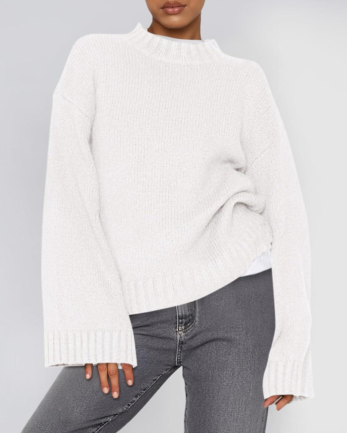 imageBTFBM Sweaters for Women 2025 Casual Crewneck Long Sleeve Loose Ribbed Knit Pullover Sweater Winter Clothes Fall OutfitsWhite