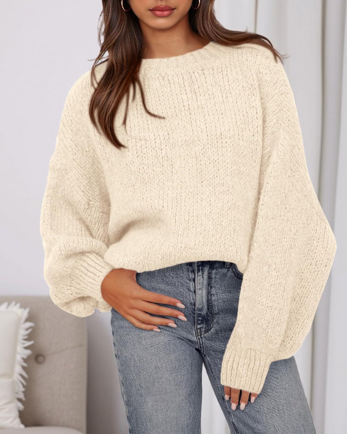 imageBTFBM Sweaters for Women Fall 2025 Crew Neck Lantern Long Sleeve Oversized Sweater Casual Knit Winter Pullover TopsBeige