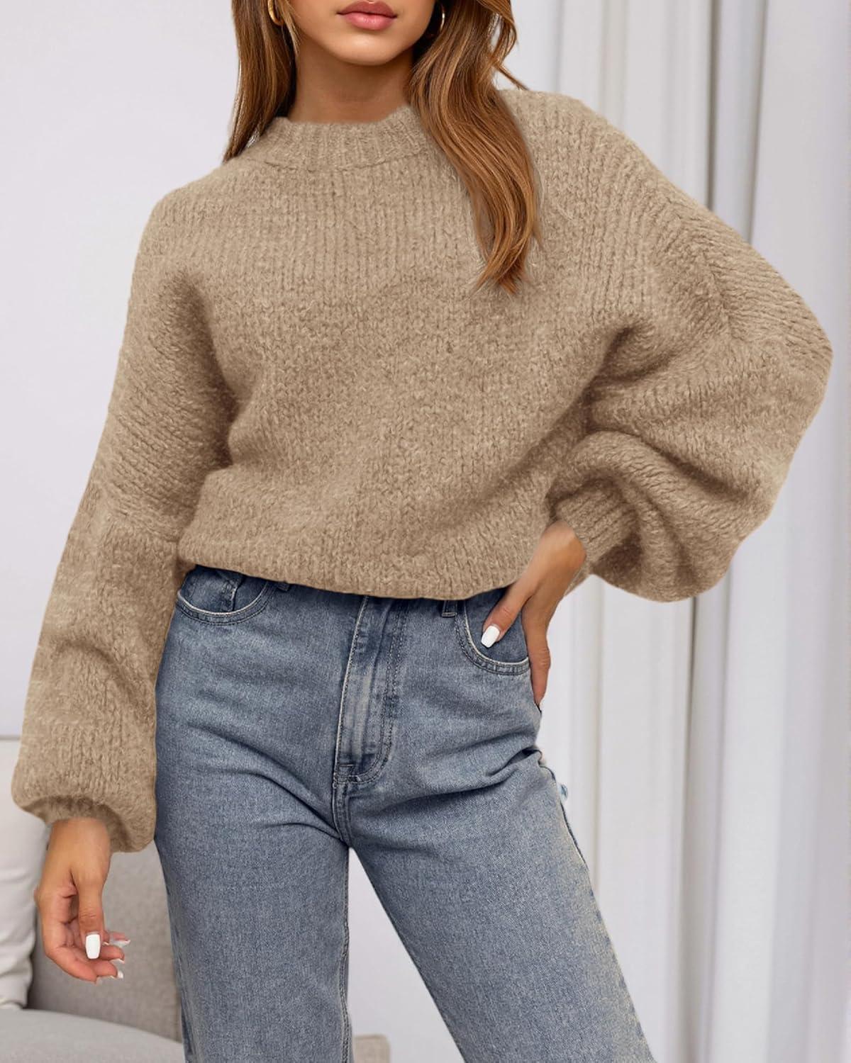 imageBTFBM Sweaters for Women Fall 2025 Crew Neck Lantern Long Sleeve Oversized Sweater Casual Knit Winter Pullover TopsKhaki