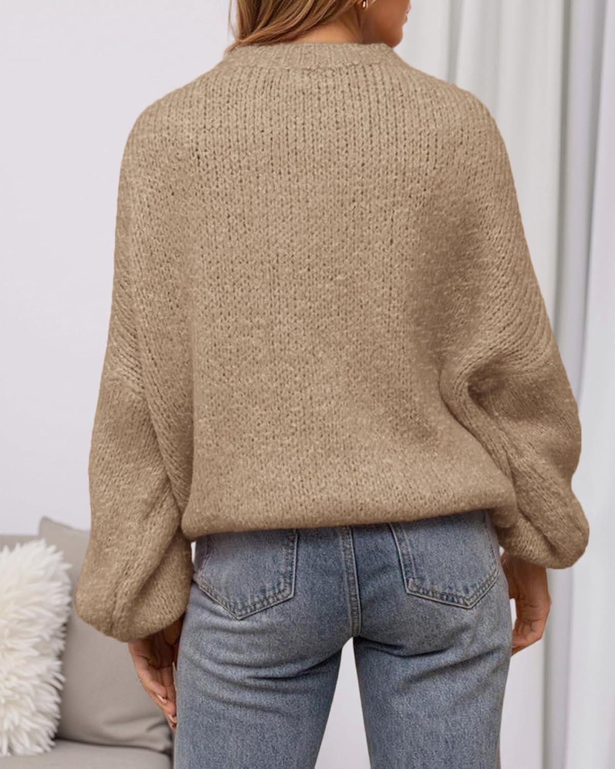 imageBTFBM Sweaters for Women Fall 2025 Crew Neck Lantern Long Sleeve Oversized Sweater Casual Knit Winter Pullover TopsKhaki