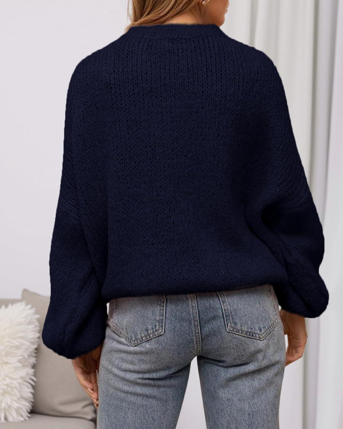 imageBTFBM Sweaters for Women Fall 2025 Crew Neck Lantern Long Sleeve Oversized Sweater Casual Knit Winter Pullover TopsNavy