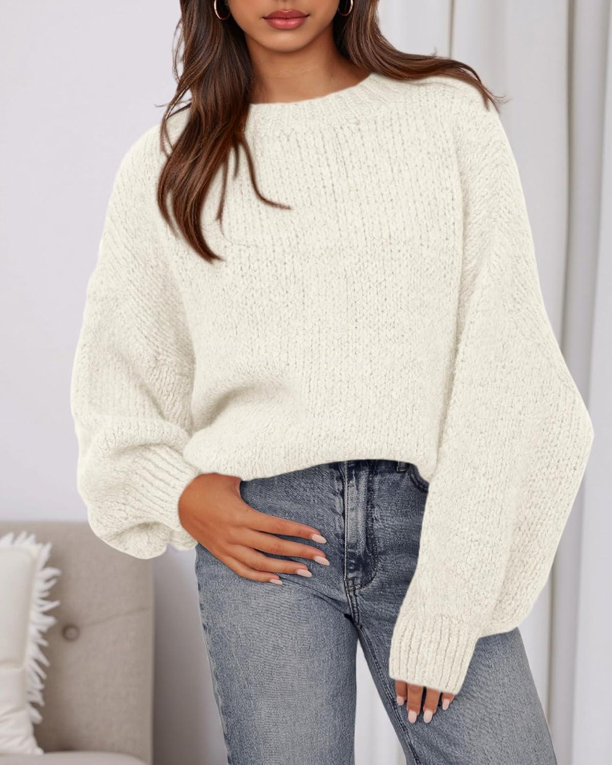 imageBTFBM Sweaters for Women Fall 2025 Crew Neck Lantern Long Sleeve Oversized Sweater Casual Knit Winter Pullover TopsWhite