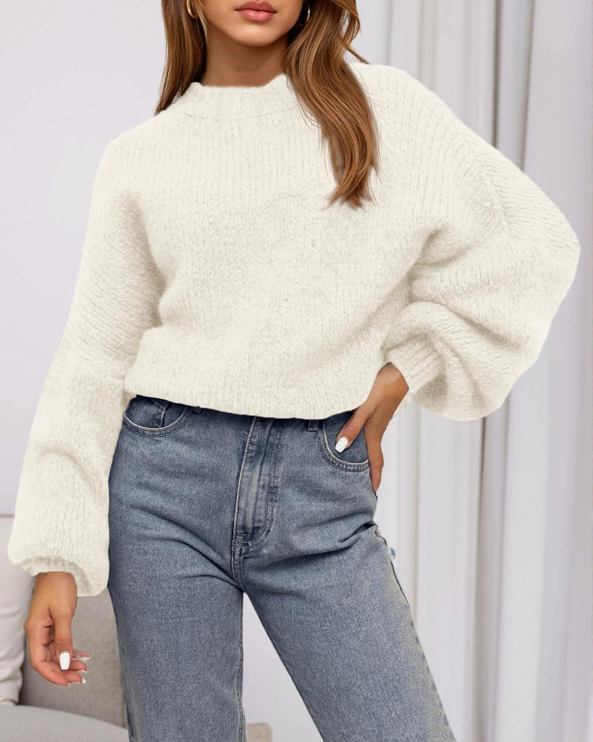 imageBTFBM Sweaters for Women Fall 2025 Crew Neck Lantern Long Sleeve Oversized Sweater Casual Knit Winter Pullover TopsWhite