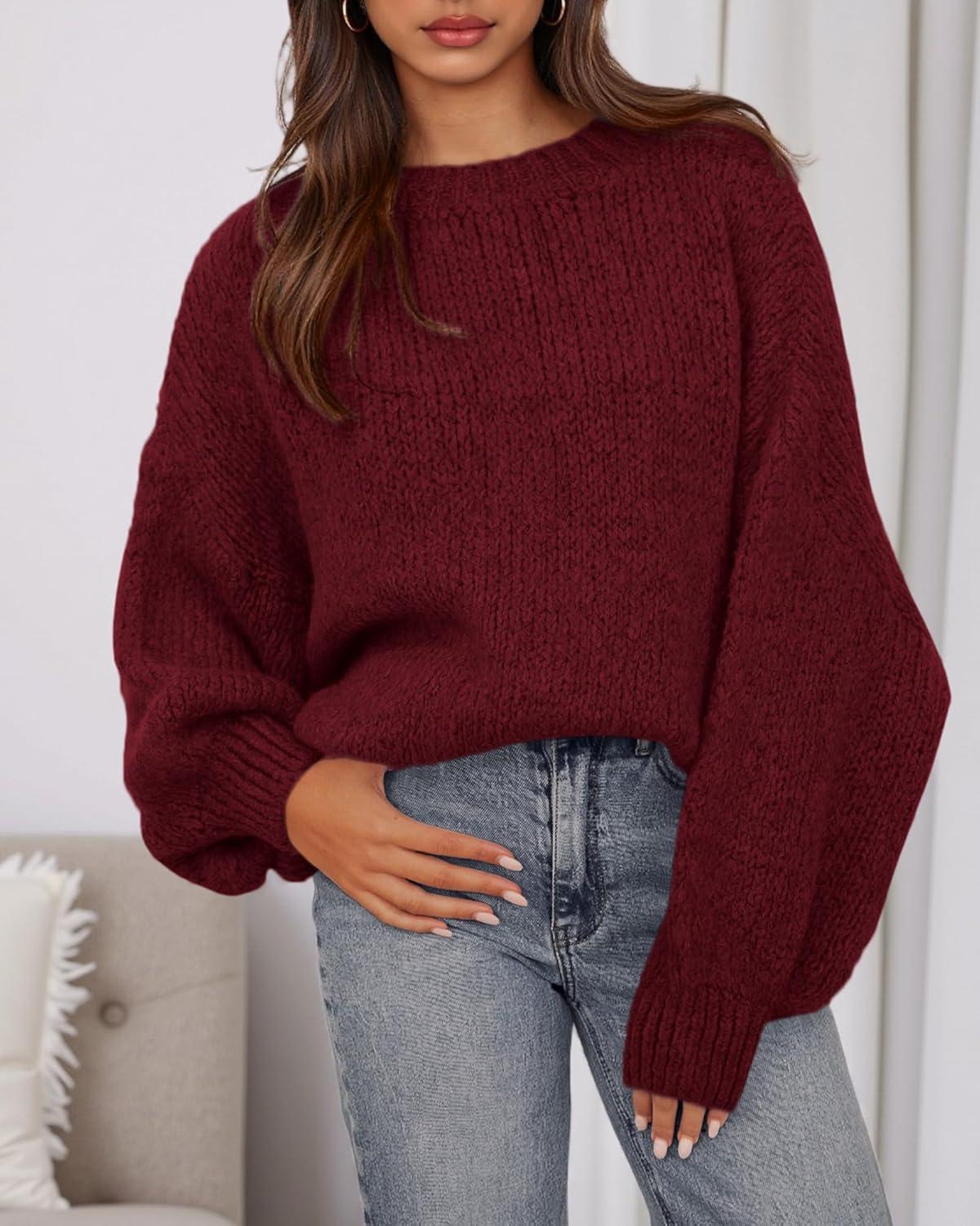 imageBTFBM Sweaters for Women Fall 2025 Crew Neck Lantern Long Sleeve Oversized Sweater Casual Knit Winter Pullover TopsWine Red