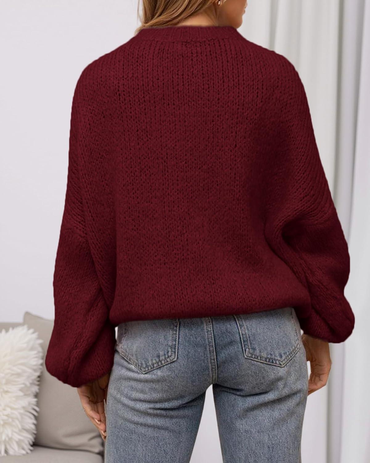 imageBTFBM Sweaters for Women Fall 2025 Crew Neck Lantern Long Sleeve Oversized Sweater Casual Knit Winter Pullover TopsWine Red