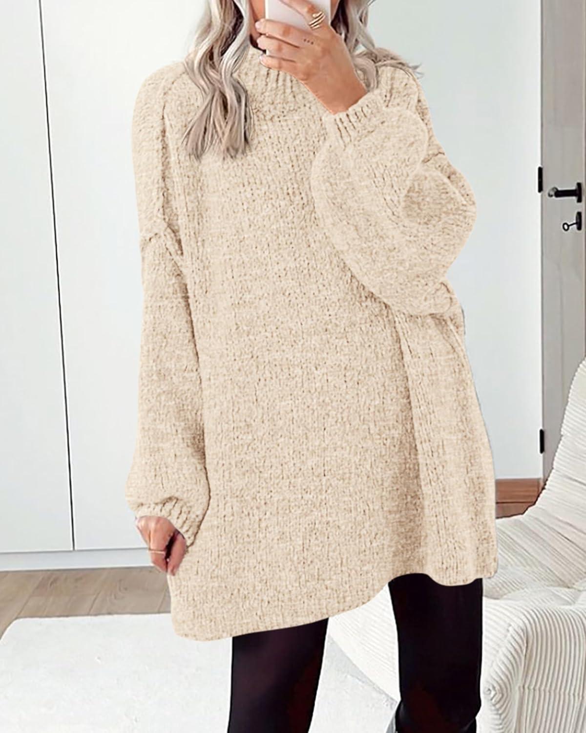 imageBTFBM Sweaters for Women Fall 2026 Long Sleeve Mock Neck Cable Knit Oversized Sweater Pullover Tops Thick Winter ClothesApricot