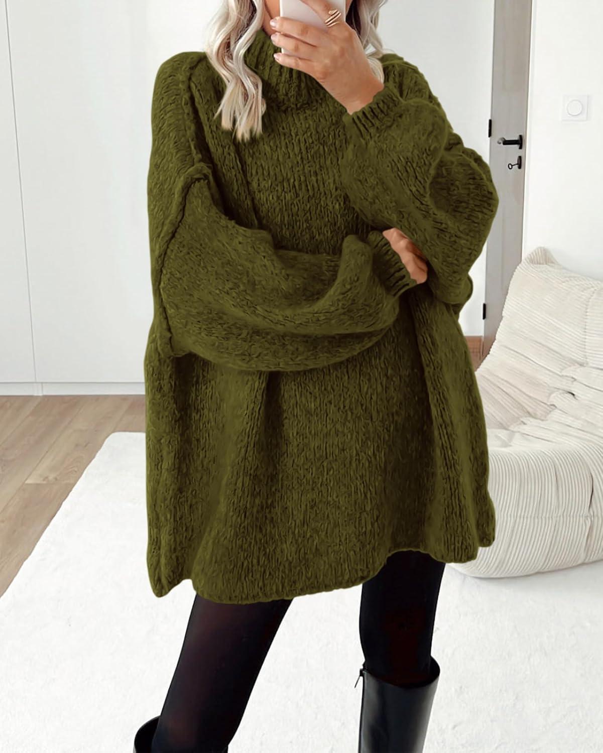 imageBTFBM Sweaters for Women Fall 2026 Long Sleeve Mock Neck Cable Knit Oversized Sweater Pullover Tops Thick Winter ClothesArmy Green