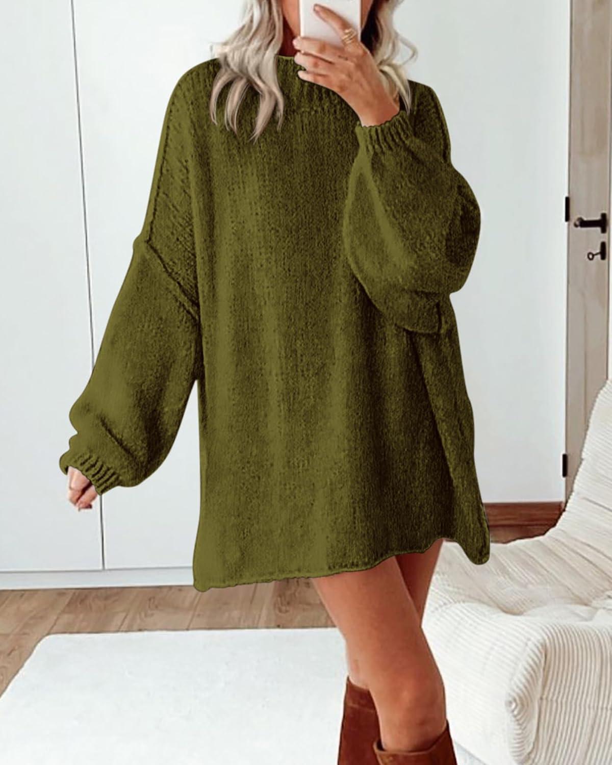 imageBTFBM Sweaters for Women Fall 2026 Long Sleeve Mock Neck Cable Knit Oversized Sweater Pullover Tops Thick Winter ClothesArmy Green