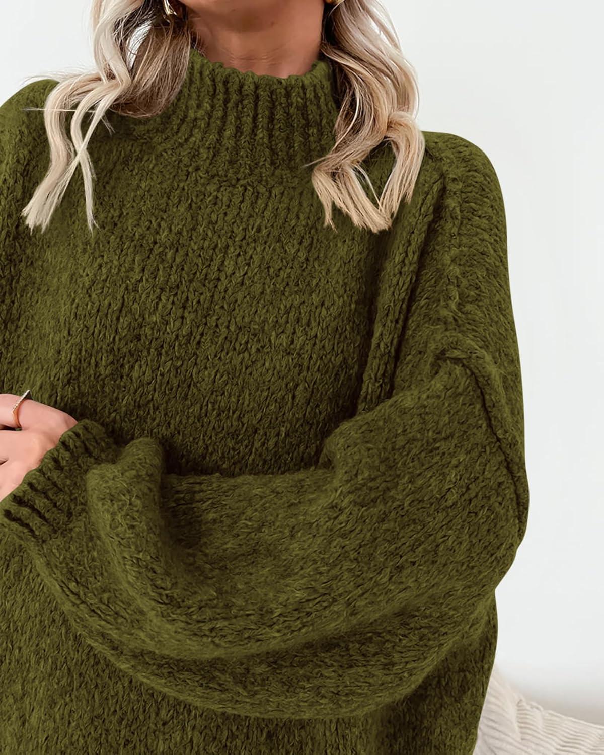 imageBTFBM Sweaters for Women Fall 2026 Long Sleeve Mock Neck Cable Knit Oversized Sweater Pullover Tops Thick Winter ClothesArmy Green