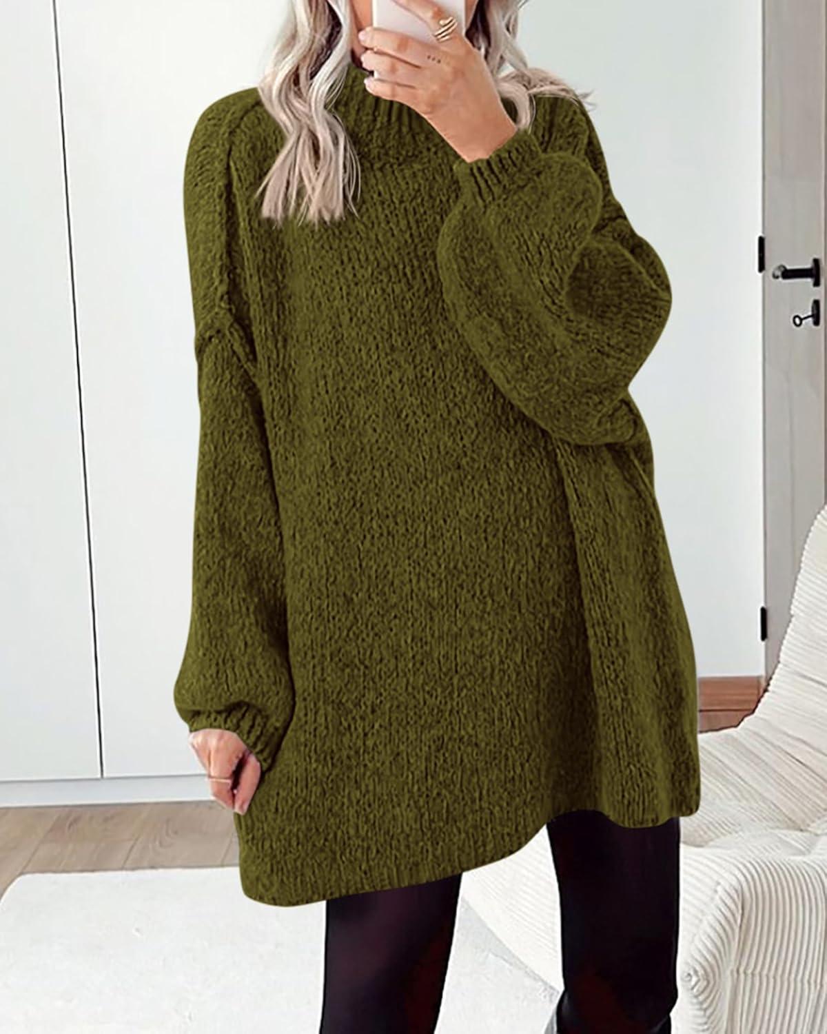 imageBTFBM Sweaters for Women Fall 2026 Long Sleeve Mock Neck Cable Knit Oversized Sweater Pullover Tops Thick Winter ClothesArmy Green