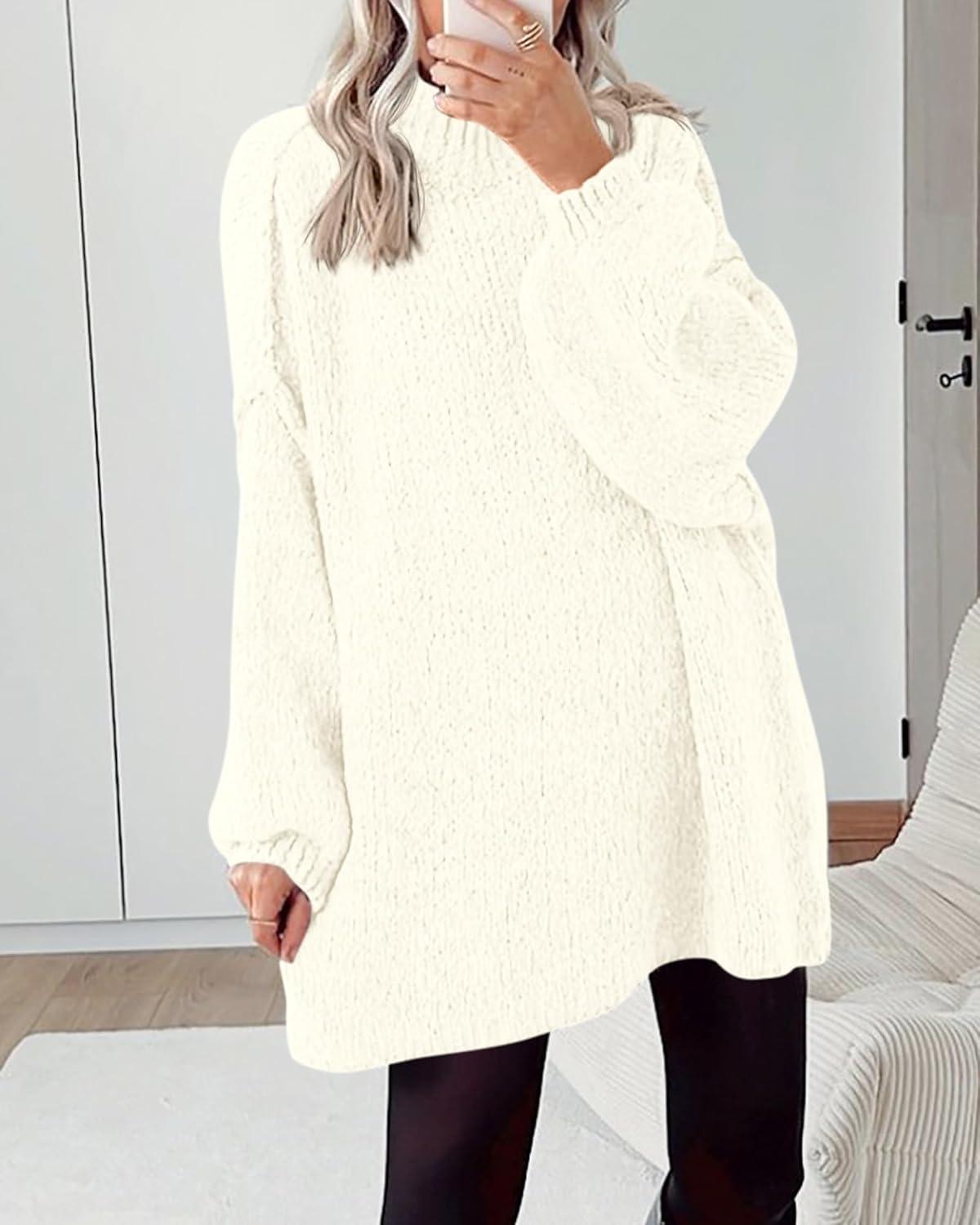 imageBTFBM Sweaters for Women Fall 2026 Long Sleeve Mock Neck Cable Knit Oversized Sweater Pullover Tops Thick Winter ClothesBeige White