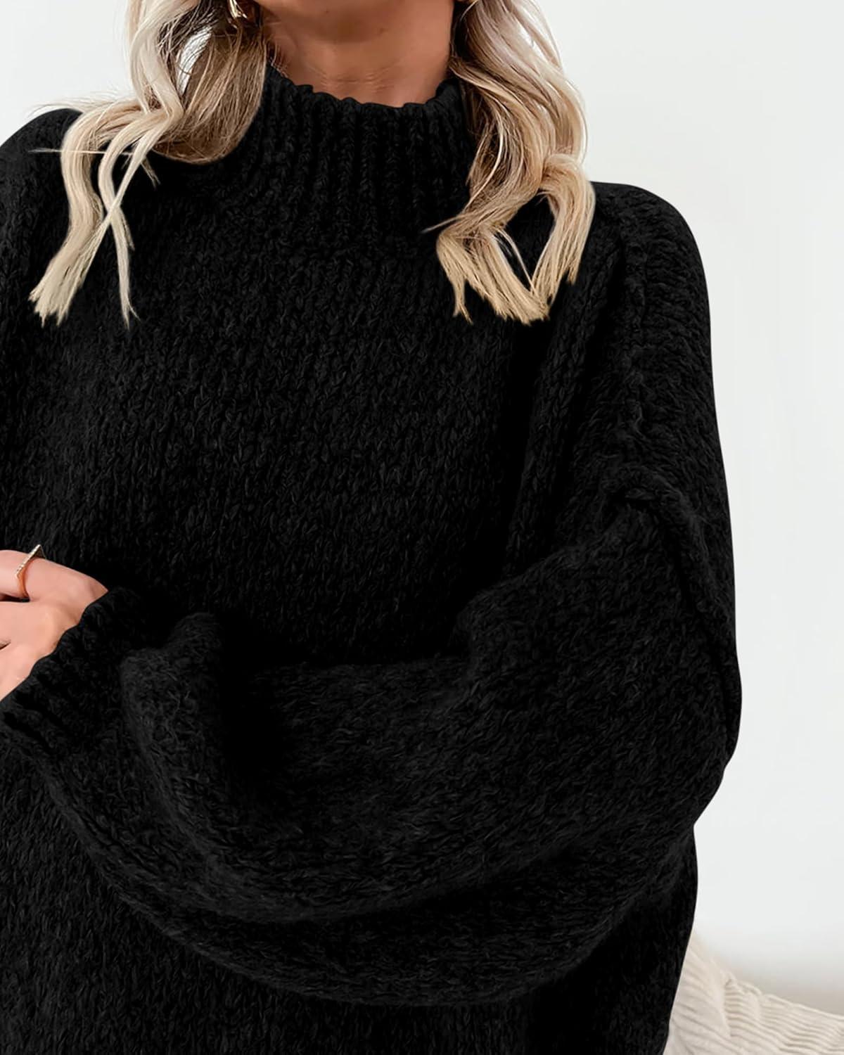 imageBTFBM Sweaters for Women Fall 2026 Long Sleeve Mock Neck Cable Knit Oversized Sweater Pullover Tops Thick Winter ClothesBlack