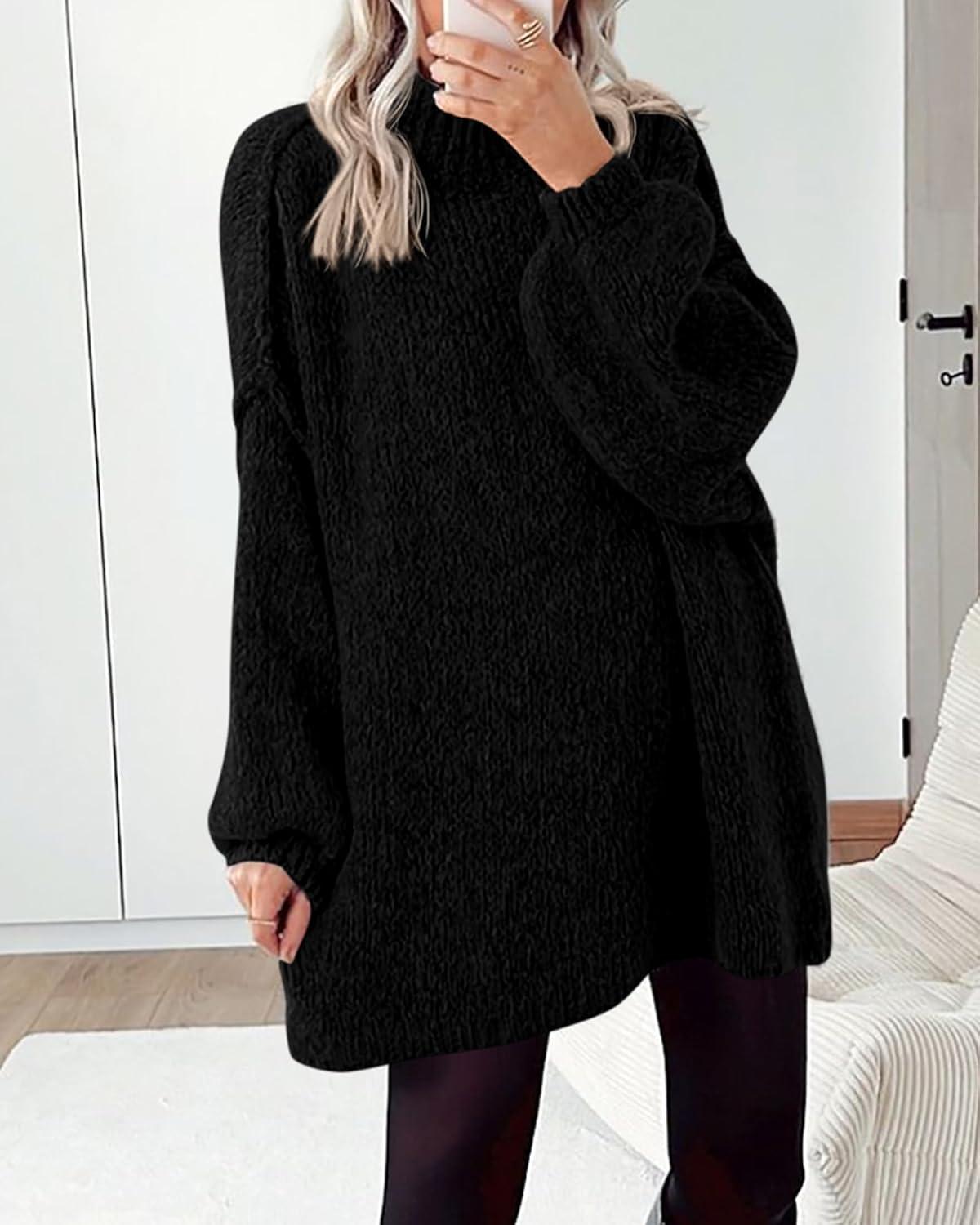 imageBTFBM Sweaters for Women Fall 2026 Long Sleeve Mock Neck Cable Knit Oversized Sweater Pullover Tops Thick Winter ClothesBlack
