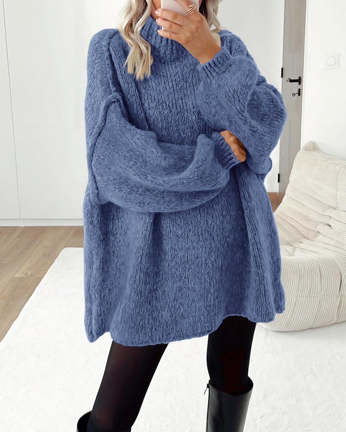 imageBTFBM Sweaters for Women Fall 2026 Long Sleeve Mock Neck Cable Knit Oversized Sweater Pullover Tops Thick Winter ClothesBlue
