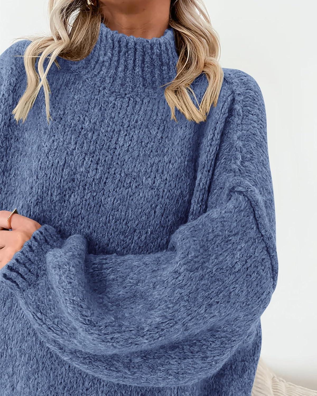 imageBTFBM Sweaters for Women Fall 2026 Long Sleeve Mock Neck Cable Knit Oversized Sweater Pullover Tops Thick Winter ClothesBlue