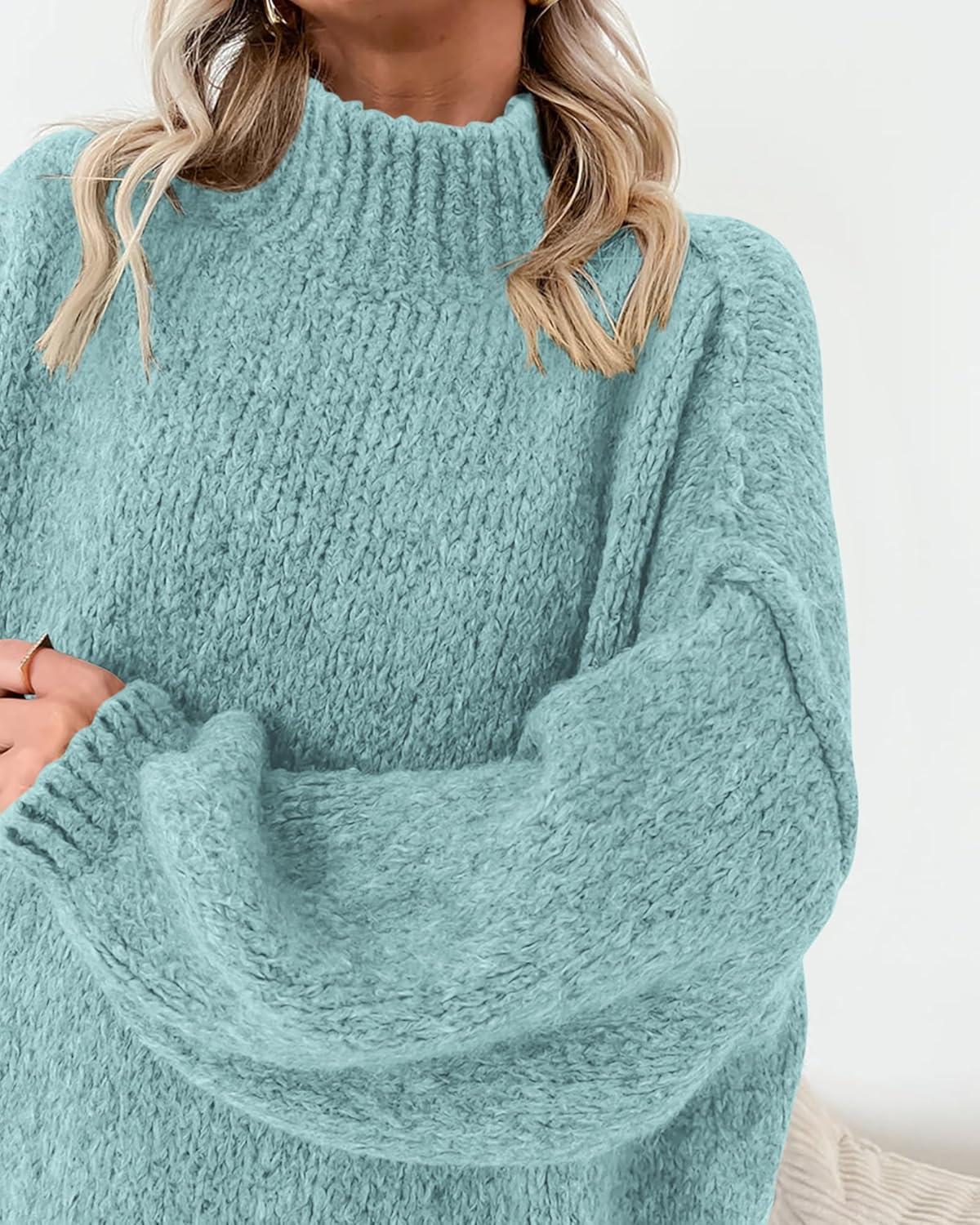 imageBTFBM Sweaters for Women Fall 2026 Long Sleeve Mock Neck Cable Knit Oversized Sweater Pullover Tops Thick Winter ClothesBright Lake Blue