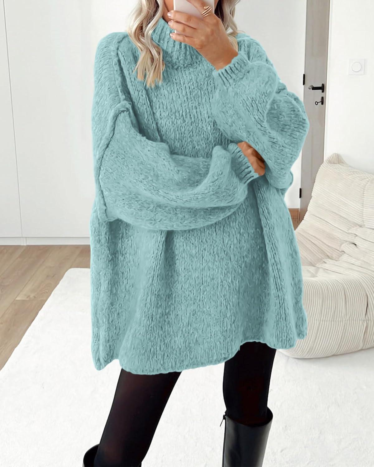 imageBTFBM Sweaters for Women Fall 2026 Long Sleeve Mock Neck Cable Knit Oversized Sweater Pullover Tops Thick Winter ClothesBright Lake Blue