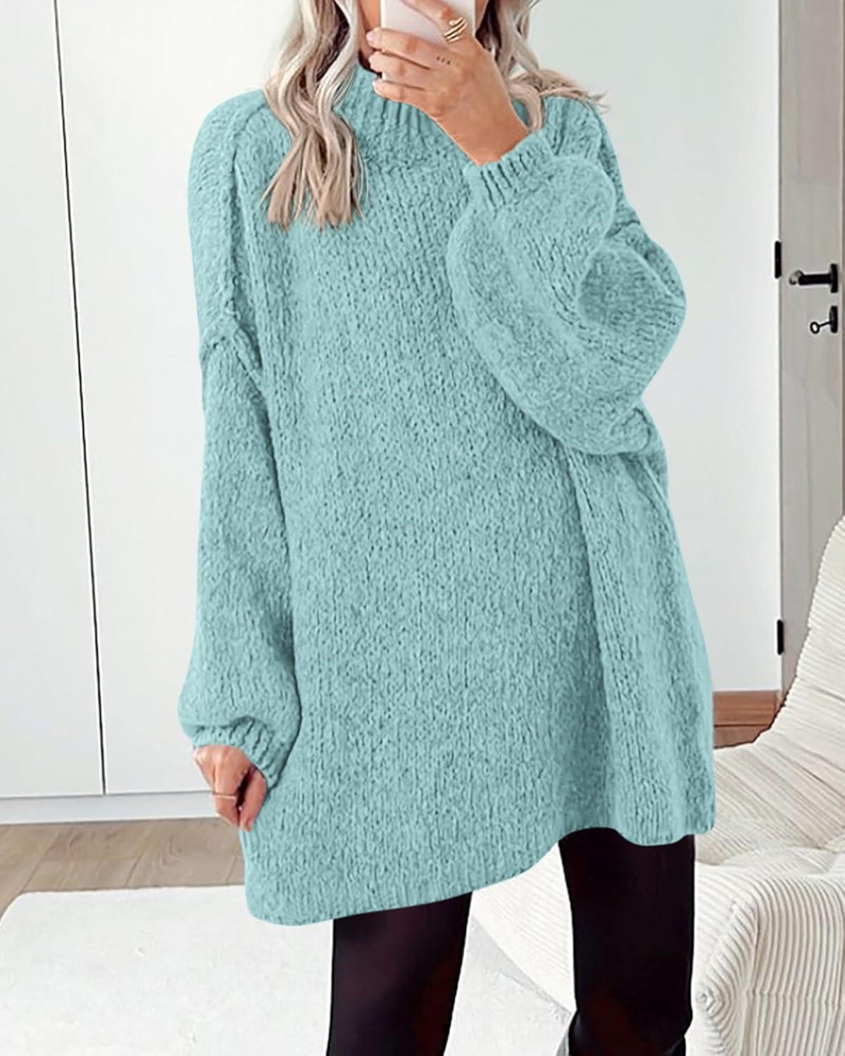 imageBTFBM Sweaters for Women Fall 2026 Long Sleeve Mock Neck Cable Knit Oversized Sweater Pullover Tops Thick Winter ClothesBright Lake Blue