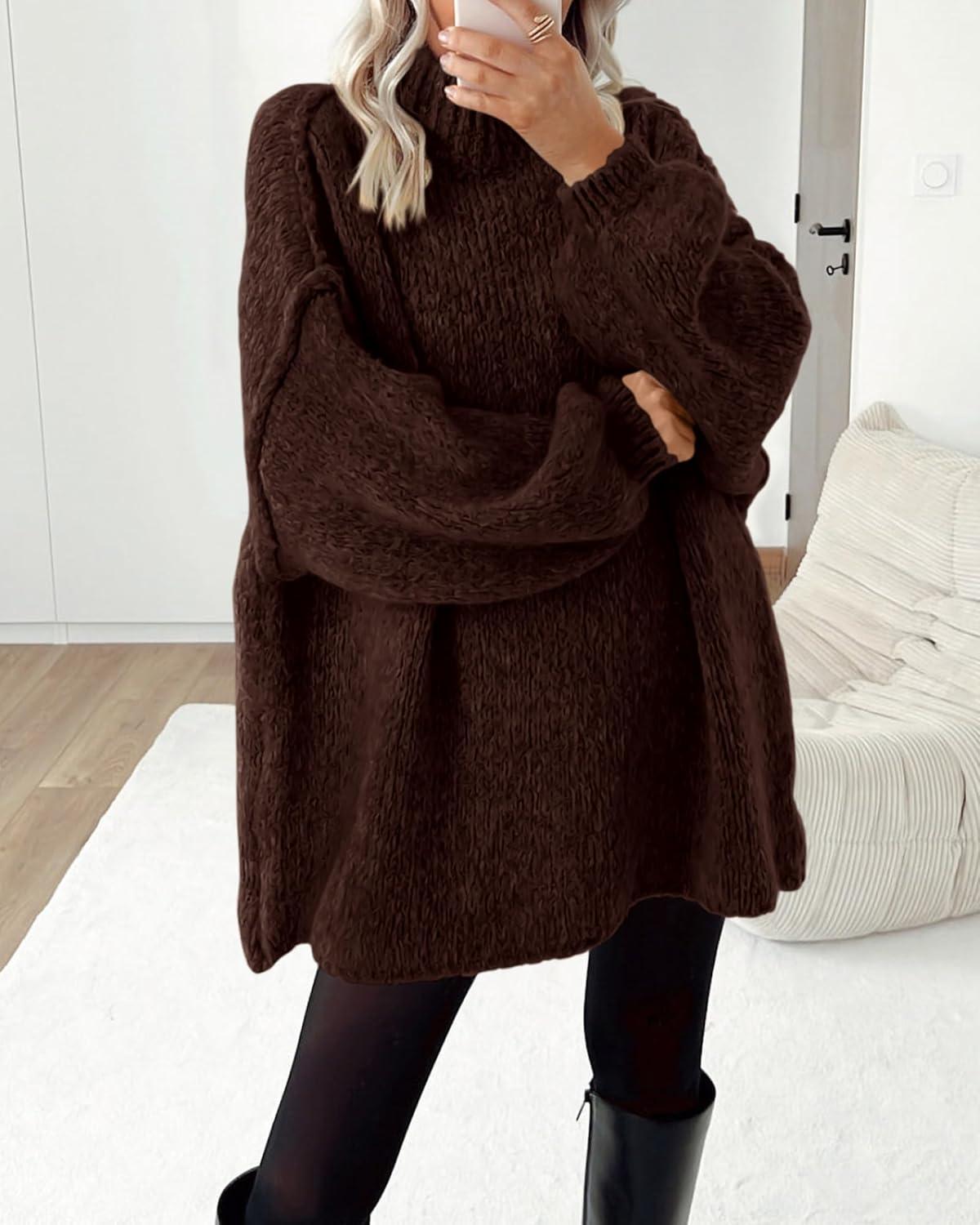 imageBTFBM Sweaters for Women Fall 2026 Long Sleeve Mock Neck Cable Knit Oversized Sweater Pullover Tops Thick Winter ClothesBrown