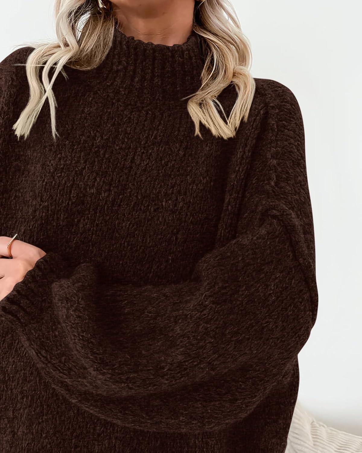 imageBTFBM Sweaters for Women Fall 2026 Long Sleeve Mock Neck Cable Knit Oversized Sweater Pullover Tops Thick Winter ClothesBrown