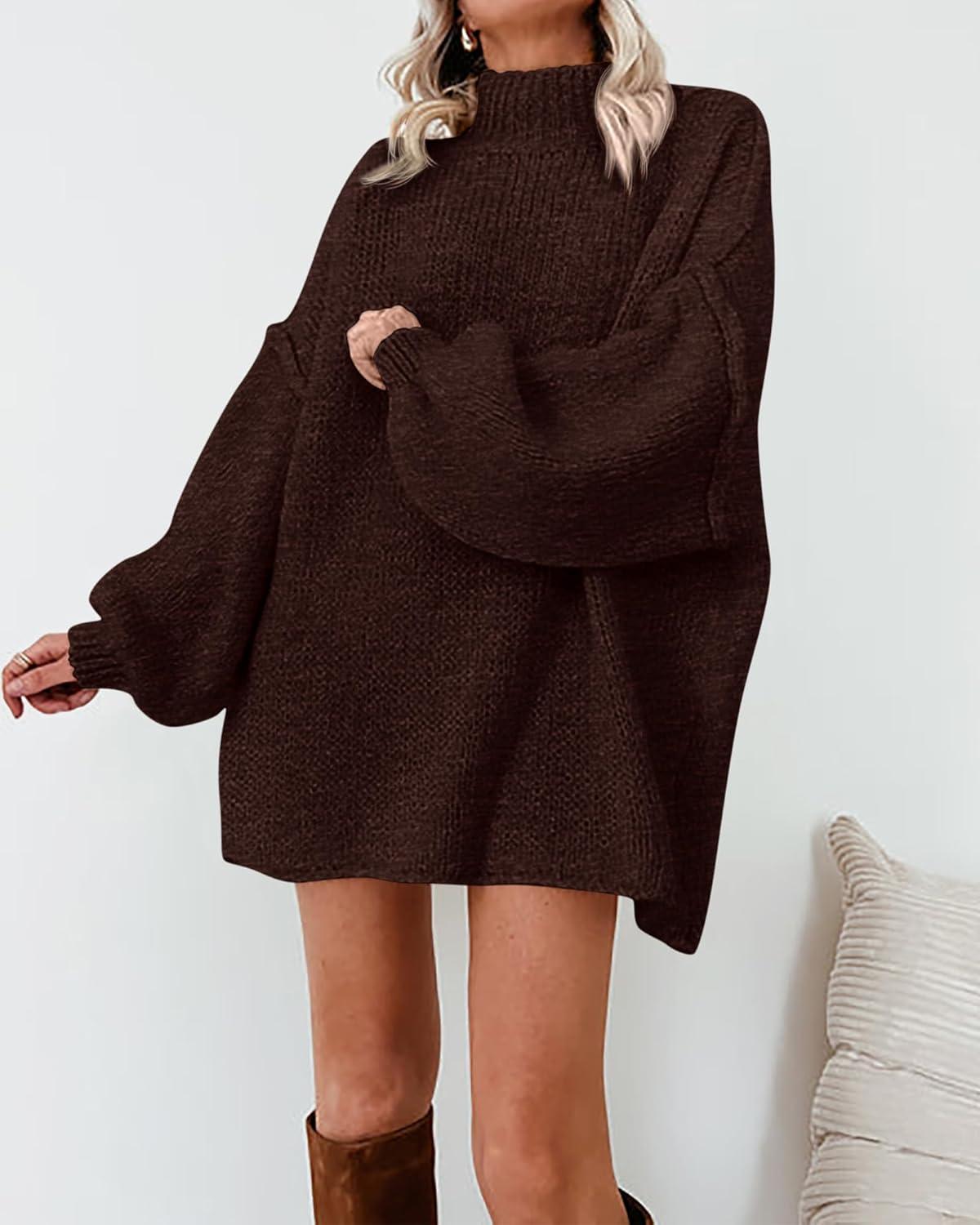 imageBTFBM Sweaters for Women Fall 2026 Long Sleeve Mock Neck Cable Knit Oversized Sweater Pullover Tops Thick Winter ClothesBrown