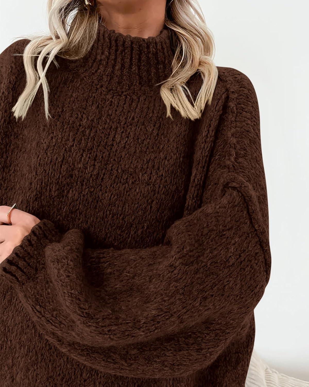 imageBTFBM Sweaters for Women Fall 2026 Long Sleeve Mock Neck Cable Knit Oversized Sweater Pullover Tops Thick Winter ClothesCoffee