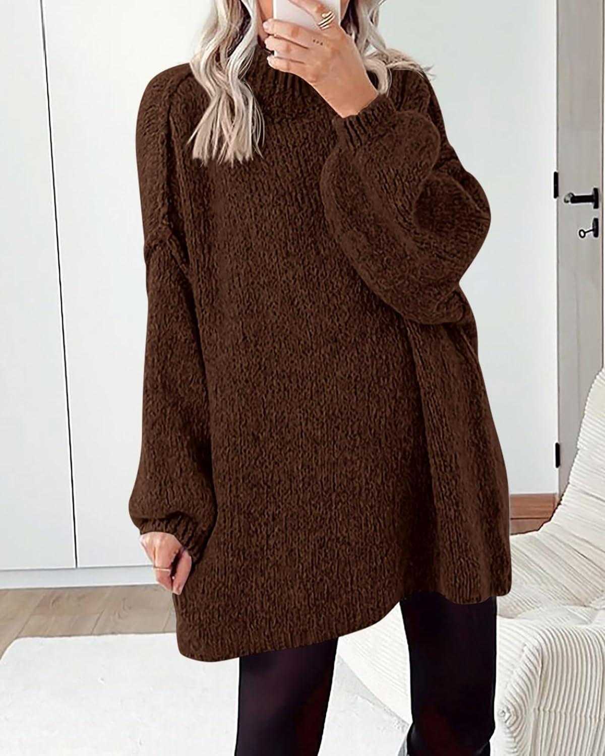 imageBTFBM Sweaters for Women Fall 2026 Long Sleeve Mock Neck Cable Knit Oversized Sweater Pullover Tops Thick Winter ClothesCoffee